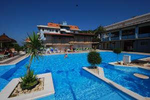 una gran piscina con dos palmeras. en Villaggio Verde Cupra, en Cupra Marittima