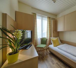 Hotel Blume Interlaken في إنترلاكن: غرفة صغيرة بها سرير وزرع الفخار