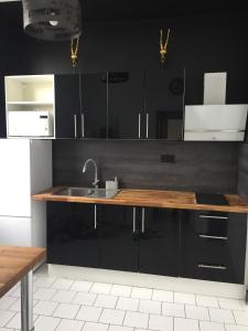 a kitchen with black cabinets and a sink at Perigueux s'habille en noir et blanc in Périgueux