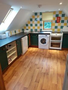 a kitchen with green cabinets and a washer and dryer at The Loft Apartment in Abergavenny
