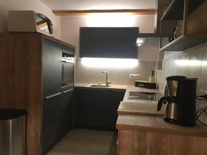 a kitchen with black cabinets and a sink at Haus Elisabeth Apartments in Obertauern