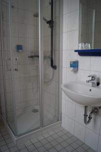 een badkamer met een douche en een wastafel bij Schlosshotel am Hainich in Behringen