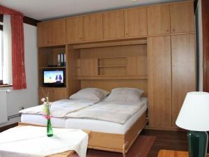 1 dormitorio con 1 cama grande y TV en Ferienwohnung Aschoff, en Bühl