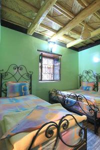 two beds in a room with green walls at Tigmi Tachddirt - Imlil Les montagnes de l'Atlas Tacheddirt in Tacheddirt