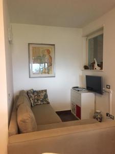 a living room with a couch and a television at Trento Small View in Trento