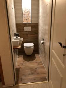 a small bathroom with a toilet and a sink at Bergschlössl Fewo 28 in Oberaudorf