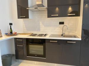 una cocina con fregadero y estufa horno superior en Antwerp West Side, en Zwijndrecht