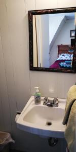 a bathroom with a sink and a mirror at Yellow Dog Lodge, Inc. in Yellowknife