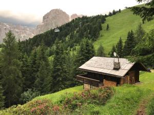 una baita di tronchi su una collina con una montagna di Baita Toè a Canazei