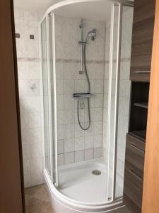 une douche avec une porte vitrée dans une salle de bain dans l'établissement Ferienwohnung Hendrich Sotterhausen, à Allstedt