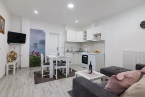 ein Wohnzimmer mit einem Sofa und einem Tisch sowie eine Küche in der Unterkunft Apartment BB in Bajina Bašta