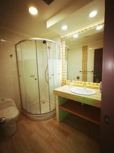 a bathroom with a shower and a sink and a toilet at Hotel Mont Suite-Mte. Aguila in Cabrero +21 photos