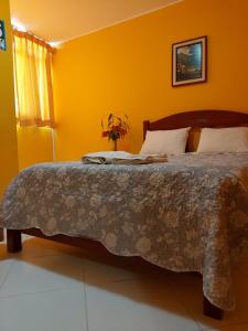 Un dormitorio con una cama grande con una manta. en Hotel y Restaurante Roma, en Ica