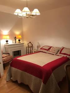 a bedroom with a bed with a red blanket and a fireplace at L'atelier de Jocelyne in Beuzeville