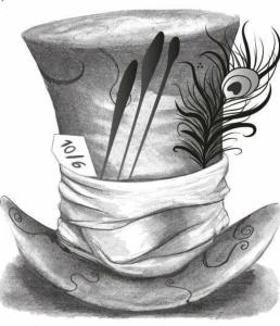 a drawing of a vase with chopsticks and feathers at Il Cappellaio Matto in Montalto Ligure