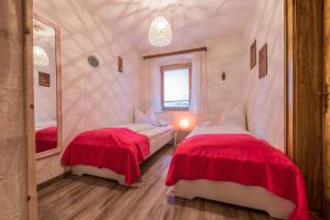 1 Schlafzimmer mit 2 Betten und einem Spiegel in der Unterkunft Ferienhaus Dorfschmiede in Neustift im Stubaital