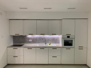eine Küche mit weißen Schränken und einer Spüle in der Unterkunft GREEN APARTMENT BY ALEX RAFAEL in Zagreb