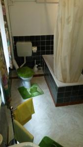 een badkamer met een douche, een toilet en een bad bij Ferienwohnung Hünefeld in Weimar