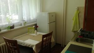 a small kitchen with a table and a refrigerator at Flat for 2 people, WiFi in Ostrava