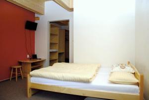 ein Schlafzimmer mit einem Bett und einem Schreibtisch in einem Zimmer in der Unterkunft Penzión MLADOSŤ Remata in Ráztočno