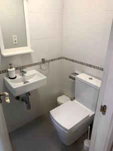 a bathroom with a white toilet and a sink at Apto Arima Centro Histórico in Zaragoza