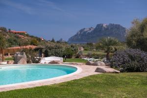 een zwembad in een tuin met bergen op de achtergrond bij Hotel Ollastu in Costa Corallina