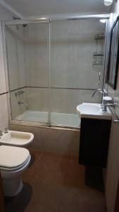 ein Badezimmer mit Dusche, Toilette und Waschbecken in der Unterkunft casa emilia in Villa Gesell
