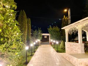 a walkway with lights in a garden at night at Hotel Sunny Hill in Cluj-Napoca