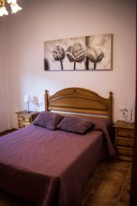 a bedroom with a bed with purple sheets and two night stands at Casa Rural Vista Bonita in Almodóvar del Río