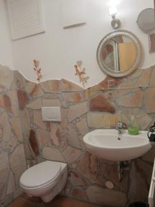 a stone bathroom with a sink and a toilet at Gästehaus Parkblick in Rust