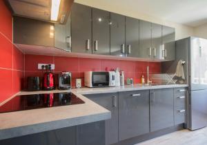 a kitchen with gray cabinets and a red wall at SWEETHOME DIJON - Gare in Dijon