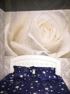 ザポリージャにあるApartment - Pervaya Liteinaya 2の白いバラ、青と白の枕