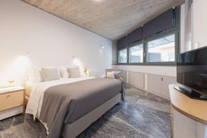 1 dormitorio con 1 cama y TV de pantalla plana en Athens BlueBuilding en Atenas