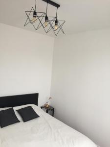 ein Schlafzimmer mit einem weißen Bett mit zwei schwarzen Kissen in der Unterkunft Perigueux s'habille en noir et blanc in Périgueux