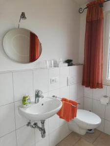 ein Badezimmer mit einem Waschbecken, einem WC und einem Spiegel in der Unterkunft Ferienwohnung Anderl in Reischenhart