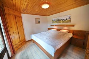 um quarto com uma cama e um tecto de madeira em Bironix em Biron