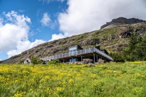 ein Haus auf einem Hügel mit einem Blumenfeld in der Unterkunft Ekra Glacier Lagoon in Gerdi