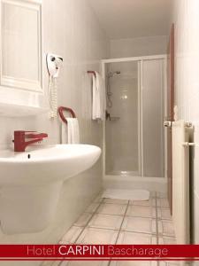 uma casa de banho com um lavatório branco e um chuveiro em Hotel Carpini em Bascharage