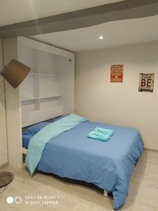 サン・マロにあるStudio Bord de merのベッドルーム1室(大型ベッド1台、青いシーツ付)