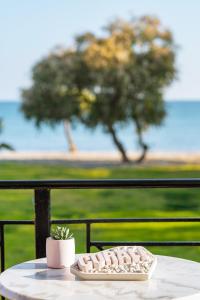 a keyboard on a table with a tree in the background at Naftilos Residences I in Potokáki