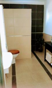 La salle de bains est pourvue de toilettes et d'un mur carrelé noir. dans l'établissement Home from Home 2, à Teguise