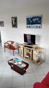 a living room with a tv and a coffee table at Amplo Apartamento na Pinheira in Palhoça