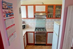 uma pequena cozinha com um fogão e um frigorífico em Villa Veli Vrh em Pula