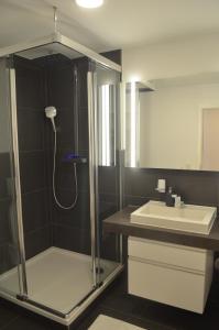 La salle de bains est pourvue d'une douche et d'un lavabo. dans l'établissement "Strandläufer" Villa Odin, à Sellin