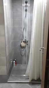 a shower with a shower curtain in a bathroom at Apartments in city center in Kumanovo +22 photos