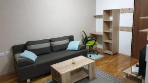 Apartments in city center في كومانوفو: غرفة معيشة مع أريكة وطاولة قهوة
