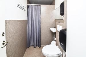 un bagno con un water e una tenda da doccia di Guesthouse Aurora a Reykjavik