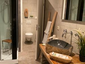 a bathroom with a sink and a toilet at Hotel De Vrouwe van Stavoren in Stavoren