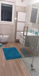 baño con lavamanos y alfombra azul en Apatmaji Pika 2, en Cerklje na Gorenjskem