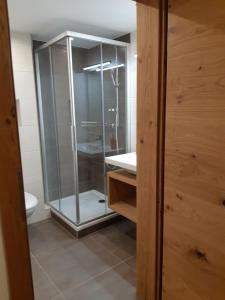 a glass shower in a bathroom with a toilet at Pension Thainerhof in Reith bei Kitzbühel